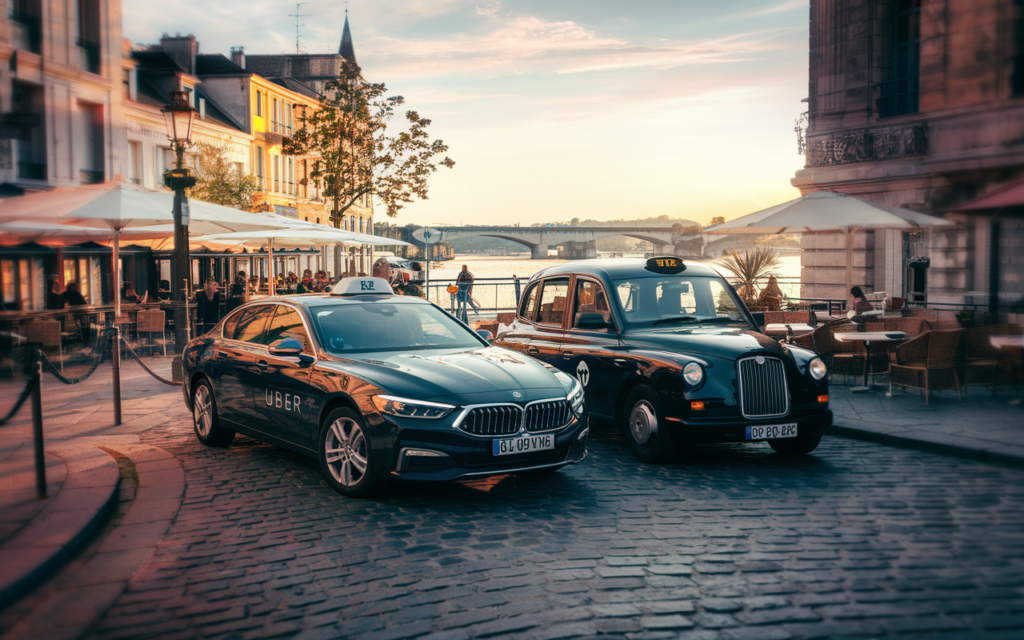 Comparatif VTC électrique AMZ DRIVING vs taxi traditionnel dans les rues de Bordeaux, avec application mobile et itinéraire optimisé par IA.