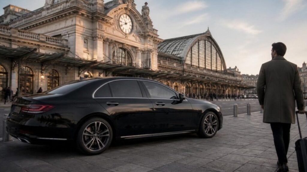 Berline noire avec chauffeur VTC devant la gare Saint-Jean de Bordeaux, un voyageur avec sa valise